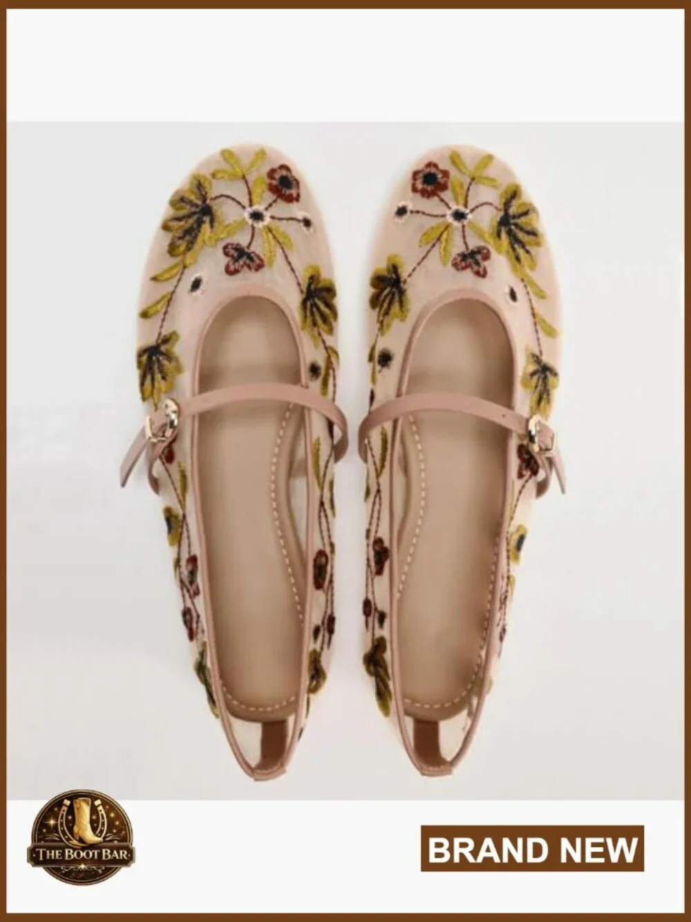 Floral Embroidered Mesh Ballet Flats Round Toe Slip On Mary Jane Comfort Shoes